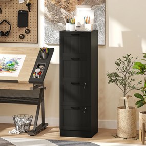 Bloco gavetas de escritório 40 x 40 x 131 cm, móvel de arrumação em madeira com 4 gavetas e fechadura, varas de suspensão ajustáveis, preto
