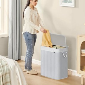 Cesto da roupa suja com 2 compartimentos, 100 L, com tampa, saco de bambu cinzento