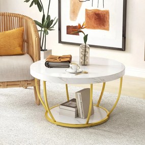 Mesa de centro redonda 80 cm de 2 níveis com arrumação com Estrutura metálica para sala de estar Branca