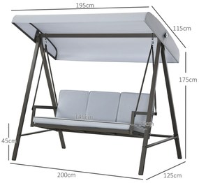 Baloiço de Jardim de 3 Lugares com Toldo Ajustável Almofadas Removíveis e Estrutura de Aço 200x125x175 cm Cinza