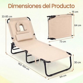 Conjunto de 2 Espreguiçadeiras Dobráveis, 63 x 142-194 x 92 cm, Encosto Ajustável em 5 Posições, Bege
