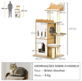 Arranhador para Gatos 133 cm com Caverna Plataformas Bola Suspensa e Postes de Sisal 60x48x133 cm Carvalho