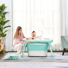 HOMCOM Banheira dobrável e portátil para bebê com recipiente para xampu bacia e banco conjunto de 4 peças de banho81,5x60x46,5 cm Verde