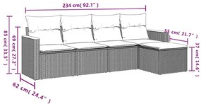 5 pcs conjunto sofás de jardim c/ almofadões vime PE cinzento