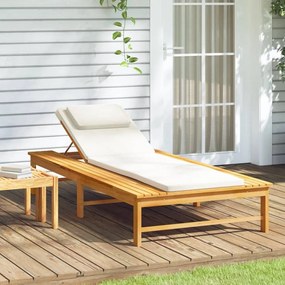 vidaXL Espreguiçadeira c/ almofadão/almofada branco nata acácia maciça