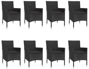 9 pcs conjunto de jantar p/ jardim c/ almofadões vime PE preto