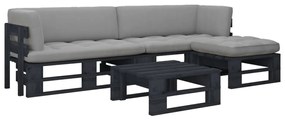 4 pcs conj. lounge paletes c/ almofadões pinho impregnado preto