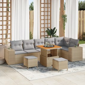 Conjunto de Sofá de Jardim de 9 Peças com Almofadas Bege Vime Sintétic