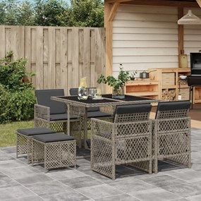 vidaXL 9 pcs conjunto de jantar p/ jardim c/ almofadões vime PE cinza