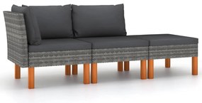 3 pcs conj. lounge jardim vime PE e madeira de eucalipto maciça