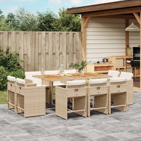 vidaXL 11 pcs conjunto de jantar p/ jardim com almofadões vime PE bege