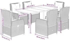 7 pcs conjunto de jantar p/ jardim com almofadões vime PE bege