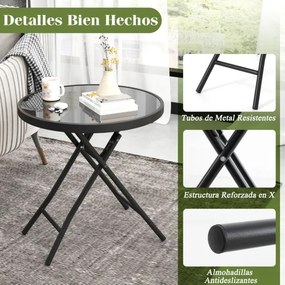 Mesa jardim redonda dobrável de 46 cm compacta com tampo de vidro temperado e estrutura metálica preta