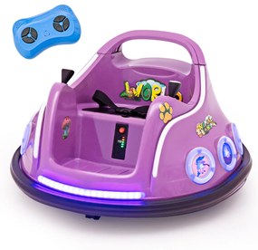 Carrinho de choques para crianças 12V com rotação de 360° Controlo remoto Luzes de controlo remoto Música incorporada 73 x 73 x 43cm Púrpura