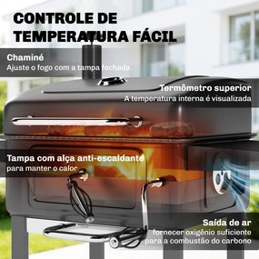 Grelhador a Carvão Portátil com Bandeja e Ventilação Ajustável Grelha Grande Prateleiras Laterais Termómetro 112x65x115 cm Preto
