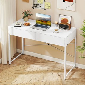 Secretária para computador 111 x 48 x 76 cm com 2 gavetas e estrutura metálica resistente para quarto, escritório, casa ou sala de jogos - Branca