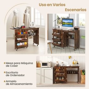 Mesa de costura dobrável com prateleira, 3 compartimentos ocultos e rodas bloqueáveis, 118,5 x 40 x 79,5 cm, castanho