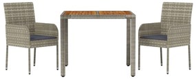 3 pcs conjunto de jantar p/ jardim c/ almofadões vime PE cinza