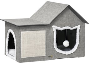 PawHut Casa para Gatos com Almofada para Arranhar almofada Macia e Bola Suspensa 65x41x45,5 cm Cinza