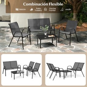 Conjunto de jardim exterior de 4 peças Mesa de café em vidro temperado Banco e 2 cadeiras individuais Tecido Textilene Mesa e cadeiras Cinzento