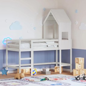 vidaXL Cama alta c/ escada e telhado 90x190 cm pinho maciço branco