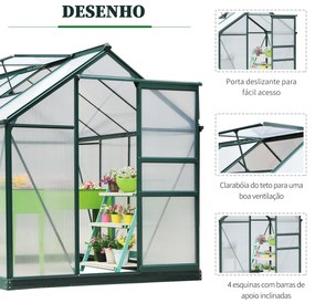 Outsunny Estufa de Jardim 2x2,5m de Policarbonato e Alumínio Estufa com Clarabóia Proteção UV 30 e Base 4,79 m² para Vasos Cultivos de Plantas e Flores Transparente