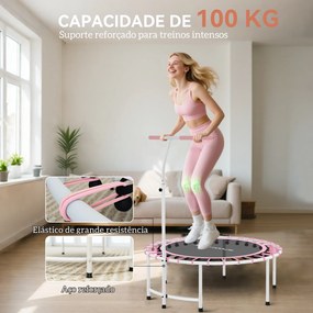 Trampolim de Fitness Adultos Ø102 cm com Pega Ajustável de 5 Níveis Estrutura em Aço para Treino de Pernas Corpo Rosa