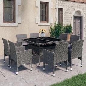 vidaXL 9 pcs conjunto de jantar para jardim vime PE e vidro cinzento