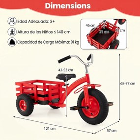 Triciclo Infantil, 117 x 55 x 68 cm, Assento e Guiador Ajustáveis, Vermelho