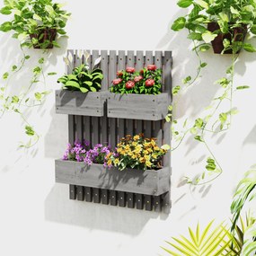 Floreira de parede 60 x 16 x 80 cm para horta com 3 vasos removíveis em madeira maciça, tecido não tecido, cinzento