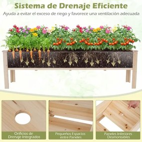 Floreira elevada de madeira retangular 240 x 43,5 x 51,5 cm com pés e orifícios de drenagem para horta urbana exterior, ideal para legumes e flores –