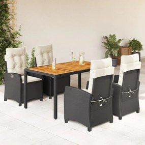 5 pcs conjunto de jantar p/ jardim c/ almofadões vime PE preto