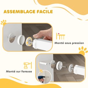 Barreira de segurança para cães com sistema de duplo bloqueio, montagem por pressão ou perfuração, largura 76-104 cm, branca