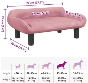 Cama para cães 70x40x24 cm veludo rosa