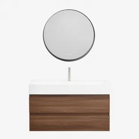 Conjunto De Móvel De Casa De Banho Em Madeira E Chapa De Freixo Com Lavatório Integrado Ona Madeira Escura & Redondo Led - Sklum