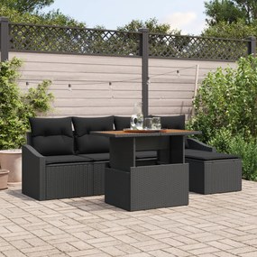 Conjunto de Sofá de Jardim de 6 peças com Almofadas Preto Polirattan