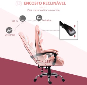 Vinsetto Cadeira Gaming Ergonômica Cadeira para Videojogos Reclinável com Altura Ajustável Apoio para a Cabeça e Almofada Lombar 63x67x122-130cm Rosa e Branco