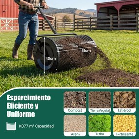 Espalhador de composto para Jardim de 31 cm com rolo para turfa e cabo em T ajustável em altura, com cesto de malha metálica para jardim ou relvado, p