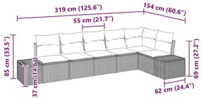 Conjunto de Sofá de Jardim em 6 Peças com Almofadas em Vime Preto