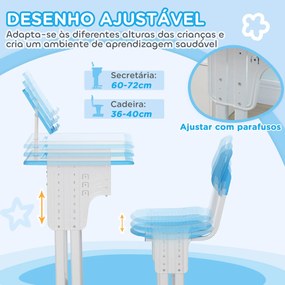 Conjunto de Secretária e Cadeira para Crianças com Altura Ajustável 1 Gaveta e 1 Prateleira para Livros 60x45x90-120 cm Azul