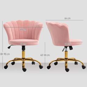 Cadeira de escritório em veludo, cadeira de Toucador com encosto em forma de pétala, altura ajustável, 69 x 64 x 80-90 cm, rosa