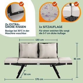 Banco de jardim em Polyrattan 176x56x81cm preto