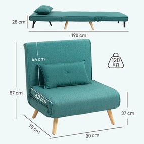 Poltrona convertível de 1 lugar, sofá-cama 3 em 1 com encosto ajustável em 5 posições, almofada incluída, verde