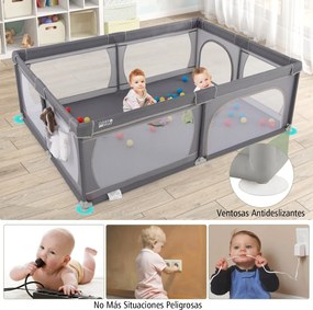 Parque para bebés 206 x 147 x 68,5 cm com rede respirável, bolsa de transporte, 50 bolas oceânicas e porta com fecho de correr – Cinzento