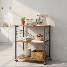 Carrinho de cozinha 40 x 80 x 89 cm com 3 prateleiras com rodas, castanho vintage-preto