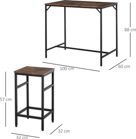 Conjunto de Mesa de Bar com 4 Bancos com Apoio para os Pés Mesa de 100x60x88cm e Bancos de 32x32x57cm Preto e Nogueira