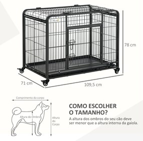 Gaiola de metal dobrável para cães com rodas e freios Bandeja removível e porta com travas 109,5x71x78 cm Cinza escuro