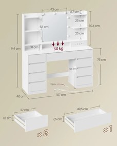 Toucador com espelho 40 x 107 x 144 cm, iluminação LED com 2 tomadas e estação carregamento Branco 
