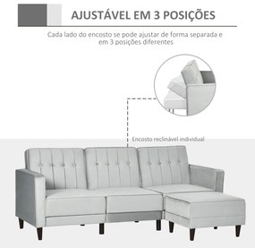 HOMCOM Sofá Cama com Chaise Longue de 3 Lugares Tato Aveludado com Encosto Ajustável e Apoio para os Pés Móvel 218x85x86cm Cinza