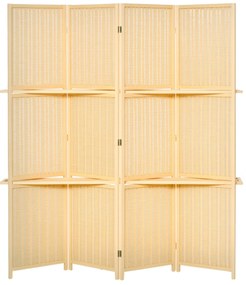 HOMCOM Biombo de 4 Painéis de Bambu Separador de Ambientes Dobrável com 2 Prateleiras Removíveis para Dormitório 180x180 cm Madeira